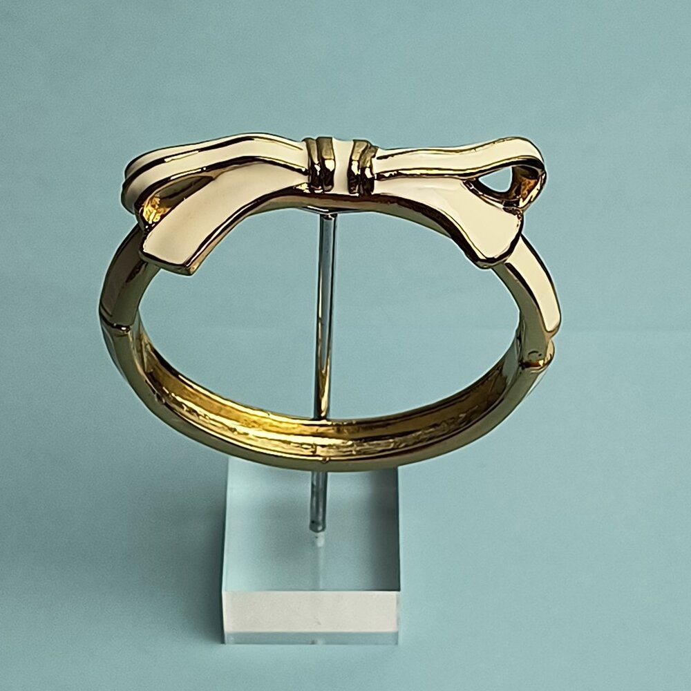 RIBBON BOW Enamel Shape Hinged Bangle Bracelet White Gold Plated